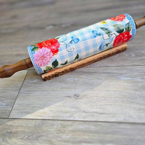 The Pioneer Woman Sweet Rose Ceramic Rolling Pin blue white check w/ floral rare - Picture 3 of 12
